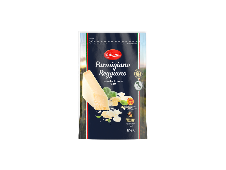 Pachet de brânză parmezan rasă cu indicația 'Parmigiano Reggiano' și 125 g.
