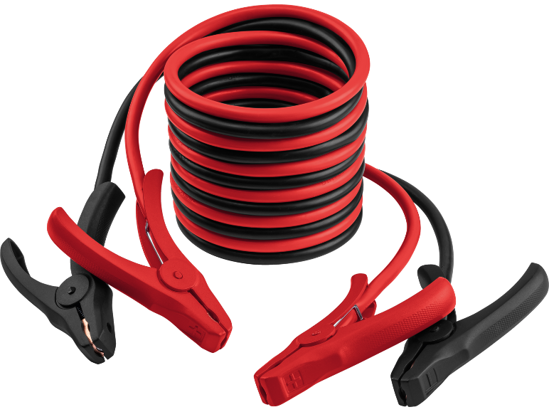 Cabluri de pornire roșii și negre cu cleme pe fundal negru.