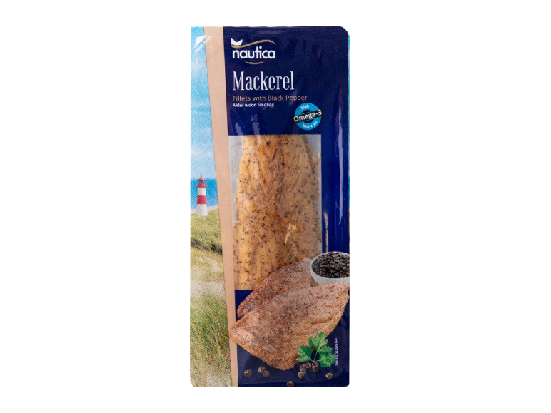 Ambalaj pentru fileuri de macrou cu piper negru, afumate cu lemn de arin, bogate în Omega-3.
