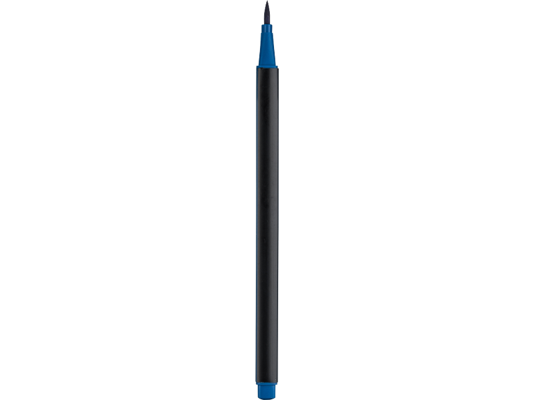 Marker albastru cu corp negru și vârf ascuțit.