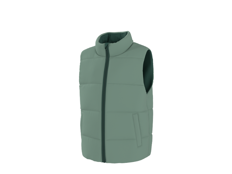 Vestă matlasată într-o culoare verde estompat, cu fermoar și buzunare laterale.