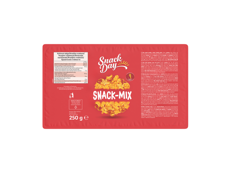 Snack-mix de covrigei și biscuiți sărați, cu informații nutriționale și greutate netă de 250g.