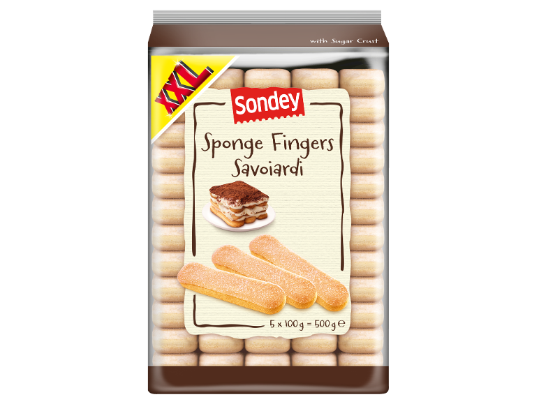 Pachet de pișcoturi cu crustă de zahăr, cu o porție de tiramisu și pișcoturi individuale.