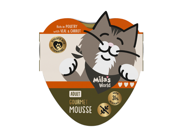 Ambalaj de hrană pentru pisici cu o ilustrație de pisică și text: „Rich in POULTRY with VEAL & CARROT”, „ADULT GOURMET MOUSSE”.