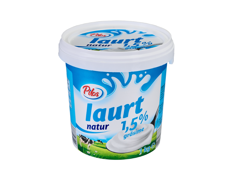 Recipient de iaurt natural, 1,5% grăsime, 1 kg, cu ilustrație de vaci.