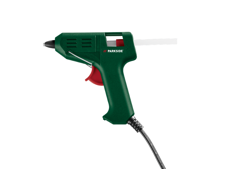 Pistol de lipit verde cu declanșator roșu și baton de lipici alb