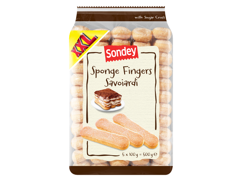 Ambalaj de pișcoturi (Savoiardi) cu crustă de zahăr, prezentând un desert tiramisu.