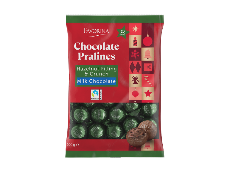 Pungă roșie de praline de ciocolată cu lapte cu umplutură de alune și crocant, 12 bucăți, 200g.