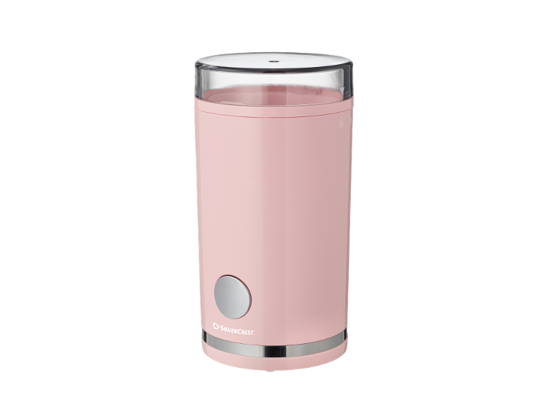 Râșniță de cafea roz cu capac transparent și buton argintiu