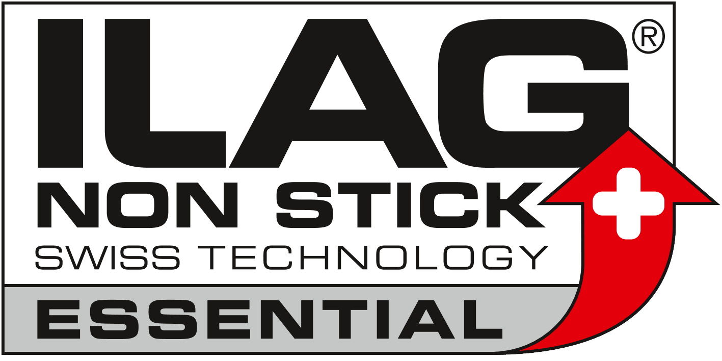 ILAG NON STICK SWISS TECHNOLOGY ESSENTIAL cu săgeată roșie și cruce albă.