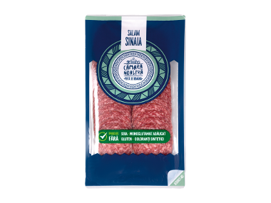 Ambalaj salam Sinaia, fără soia, gluten și coloranți sintetici.