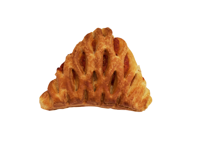 Patiserie aurie cu umplutură de fructe, cu un model de grilă deasupra.
