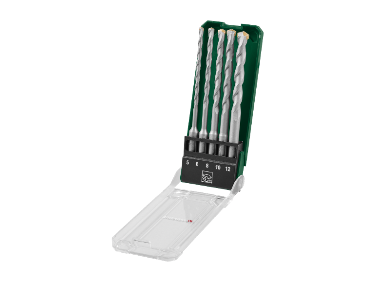 Set de cinci burghie pentru zidărie într-o carcasă verde, mărimi 5, 6, 8, 10, 12 mm.