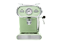 Espressor verde deschis, stil retro, cu detalii cromate și indicator de temperatură.