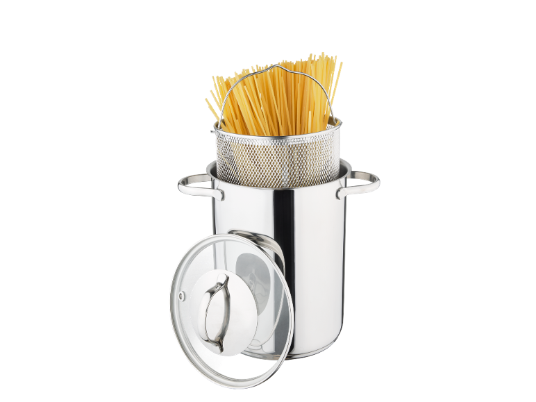 Oală de paste din oțel inoxidabil cu inserție de plasă plină cu spaghete și capac de sticlă.