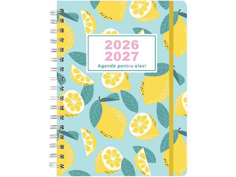 Agendă spiralată cu model de lămâi, text „2026 2027 Agendă pentru elevi”.
