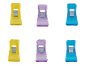Șase cleme de cusut din plastic colorate, galbene, violet și albastre, aranjate în două rânduri.