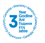 Insignă de garanție cu textul „3 ani“ în mai multe limbi.