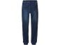 Pantaloni jogger din denim albastru închis cu talie și manșete elastice, buzunare la spate.