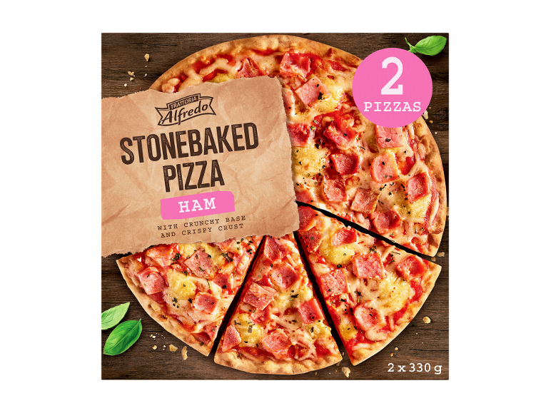 Pizza coaptă pe piatră cu șuncă, 2 pizze a câte 330g, cu bază crocantă.