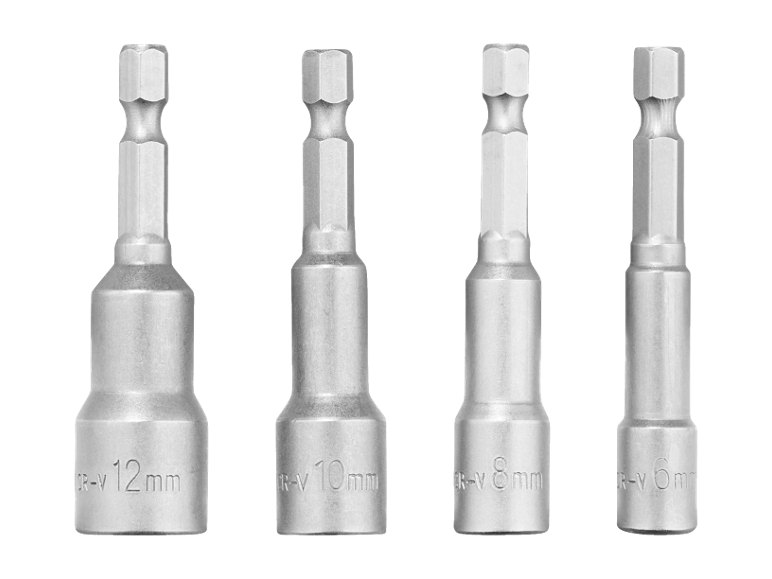 Patru chei tubulare hexagonale argintii, mărimi 12mm, 10mm, 8mm și 6mm, marcate CR-V.