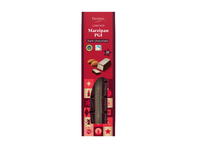 Cutie de marțipan PGI Lübecker cu ciocolată neagră, 10 bucăți, 125g.