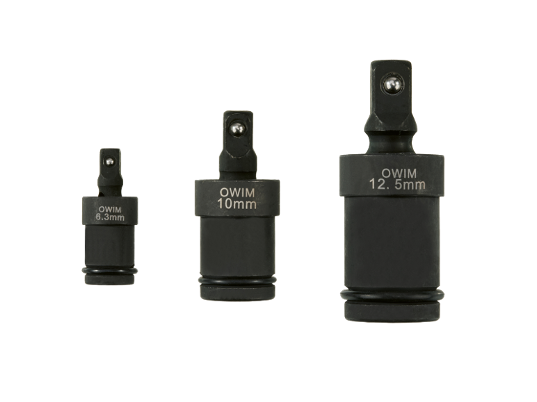 Trei adaptoare negre pentru chei de impact, marcate 6.3mm, 10mm și 12.5mm.
