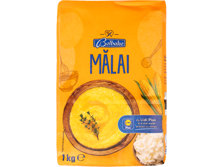 Ambalaj de mălai cu imagine de mămăligă și știuleți de porumb.