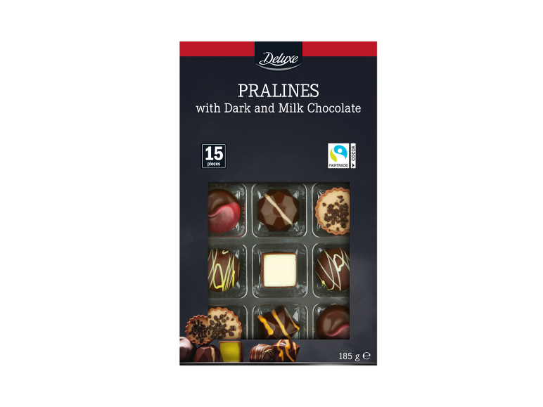 Cutie cu 15 praline de ciocolată neagră și cu lapte, 185g, cu cacao Fairtrade.