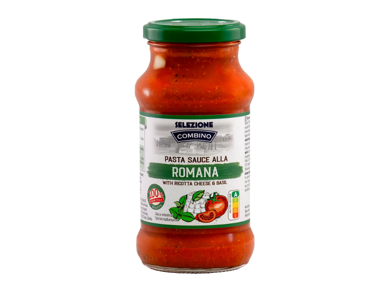 Borcan de sos pentru paste alla Romana cu brânză ricotta și busuioc, cu Nutri-Score A.