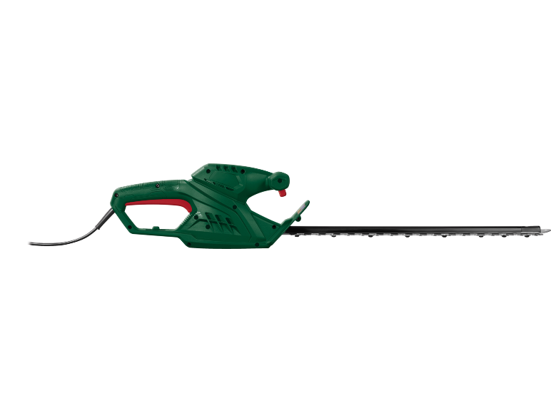 Foarfecă electrică verde pentru gard viu, cu mâner roșu și lamă neagră.