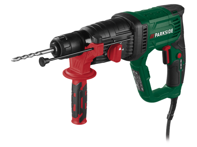 Ciocan rotopercutor verde cu mâner roșu și burghiu.