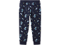 Pantaloni de trening albaștri cu imprimeu cu dinozauri astronauți și motive spațiale.
