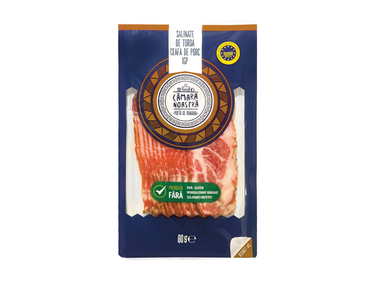 Felii de ceafă de porc sărată de Turda, fără soia, gluten, glutamat și coloranți artificiali, 80g.