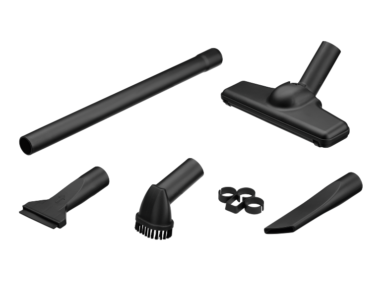 Accesorii negre pentru aspirator: tub de extensie, duză de podea, duză pentru crăpături, perie pentru tapițerie și adaptoare.