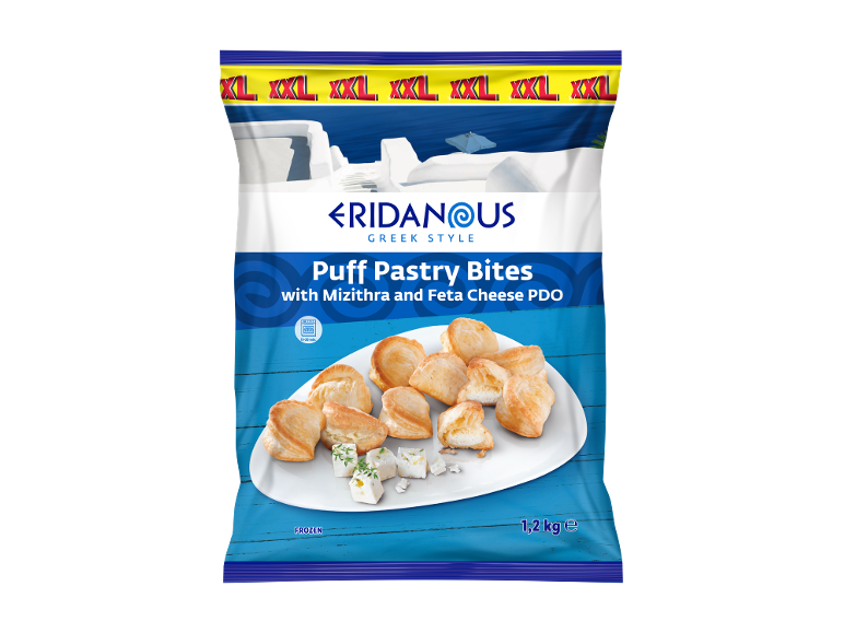 Bucățele de patiserie foietaj stil grecesc cu brânză Mizithra și Feta PDO, congelate, 1,2 kg.