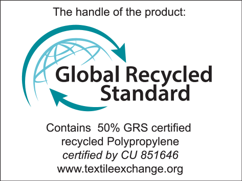Etichetă Global Recycled Standard: Mânerul produsului conține 50% polipropilenă reciclată certificată GRS de CU 851646.