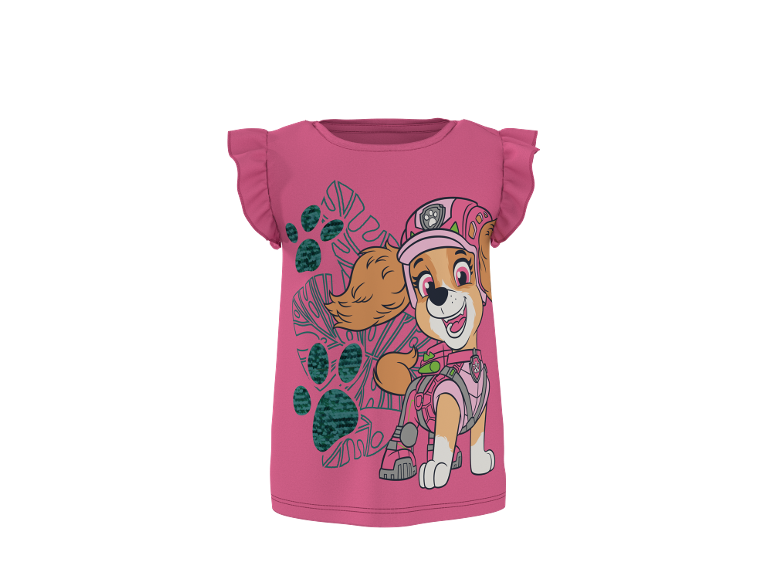 Bluză roz cu mânecă scurtă, cu volane pe umeri și un cățeluș de desene animate cu cască și vestă.