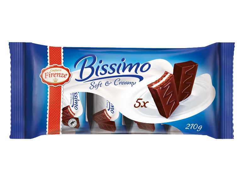 Ambalaj albastru de prăjituri cu ciocolată și umplutură cremoasă, 5 bucăți, 270g.