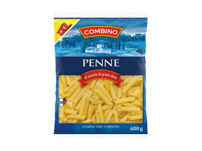 Pachet de paste penne din griș, 600 g, timp de gătire 10 minute.