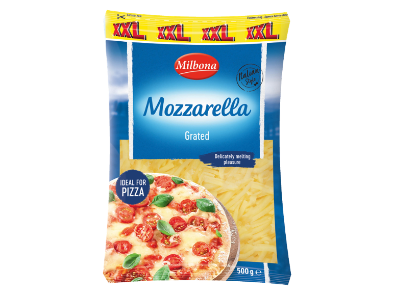 Ambalaj mozzarella rasă cu pizza, ideală pentru pizza, 500 g.