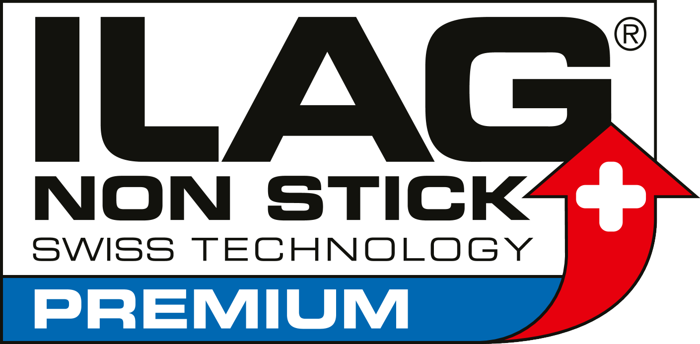 ILAG NON STICK SWISS TECHNOLOGY PREMIUM cu săgeată roșie și cruce albă.