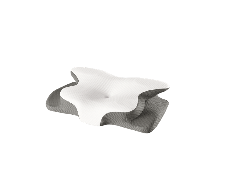 Pernă ergonomică din spumă cu memorie cu husă albă și bază din plasă gri.