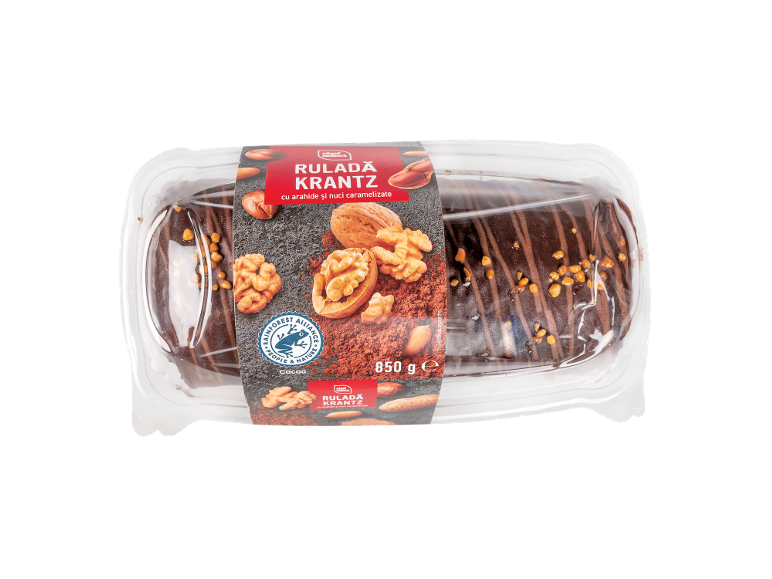 Ruladă de ciocolată cu arahide și nuci caramelizate, 850 g.