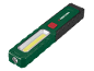 Lampă de lucru LED verde și neagră cu un buton roșu și o bandă luminoasă galbenă.