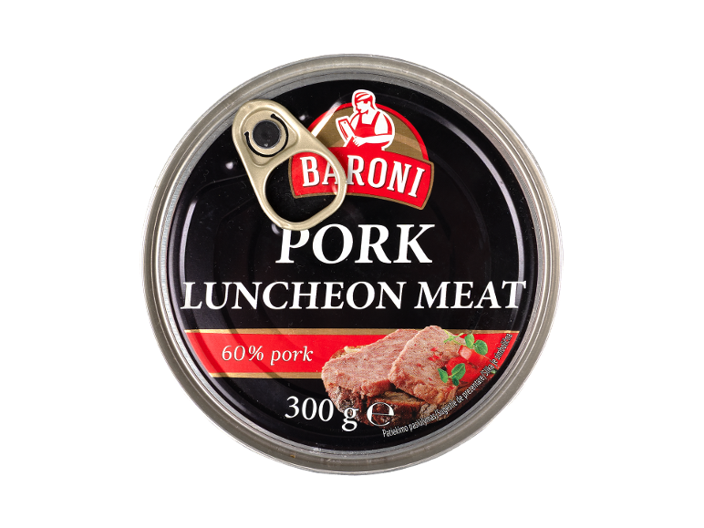 Conservă de carne de porc pentru prânz cu 60% carne de porc, 300 g.