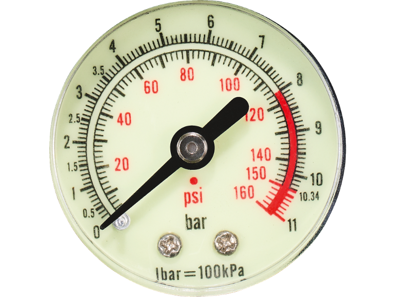 Gros plan al unui manometru cu citiri în psi și bar, acul indică aproximativ 110 psi.