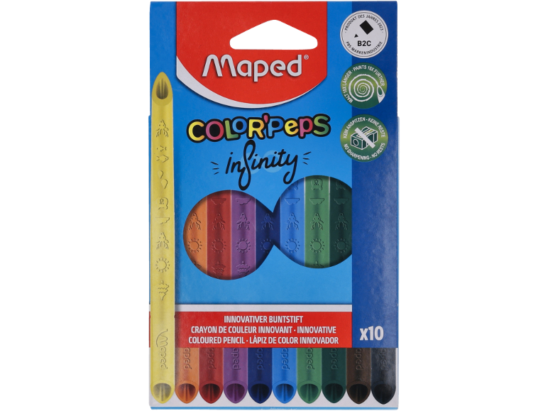 Cutie cu 10 creioane colorate inovatoare infinity în diverse culori, fără ascuțire necesară.