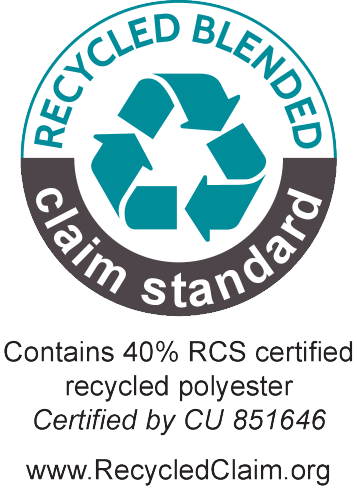 Etichetă standard de revendicare reciclată amestecată: Conține 40% poliester reciclat certificat RCS, certificat de CU 851646.