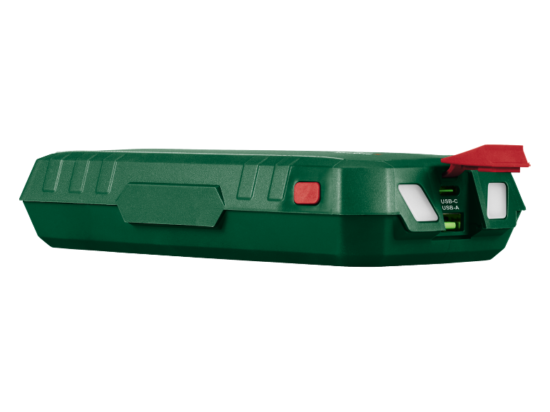 Baterie externă verde cu buton roșu și porturi USB-C și USB-A.